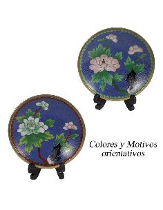 Cloisonné: Coupelles cloisonné avec support en bois set de 2