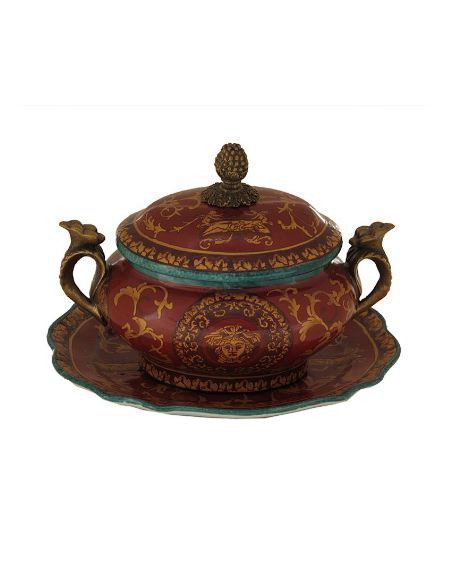 Sopera de porcelana. Sopera oval asas & bandeja 15cm con bronce -Palacz