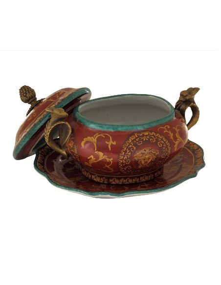 Sopera de porcelana. Sopera oval asas & bandeja 15cm con bronce -Palacz