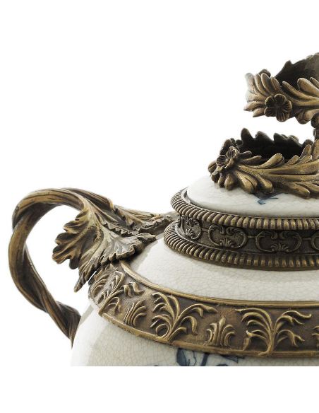 Vase couvert en porcelaine: Vase à couvercle 2 anses 33cm avec bronze -Abanico