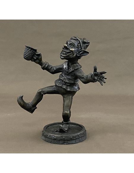 Sculpture en bronze: Lutin 25cm buvant et dansant