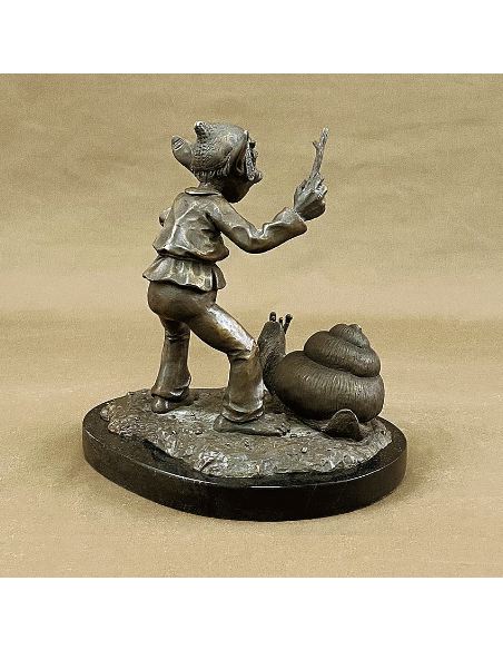 Sculpture en bronze: Lutin 24cm avec escargot sur socle en marbre