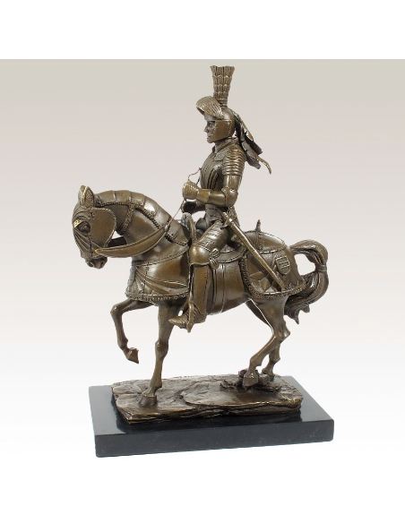 Sculpture en bronze: Chevalier médiéval à cheval avec armure -P. brune