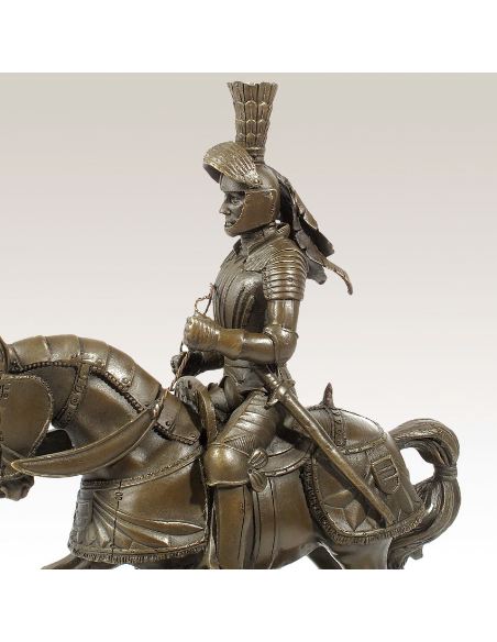 Sculpture en bronze: Chevalier médiéval à cheval avec armure -P. brune