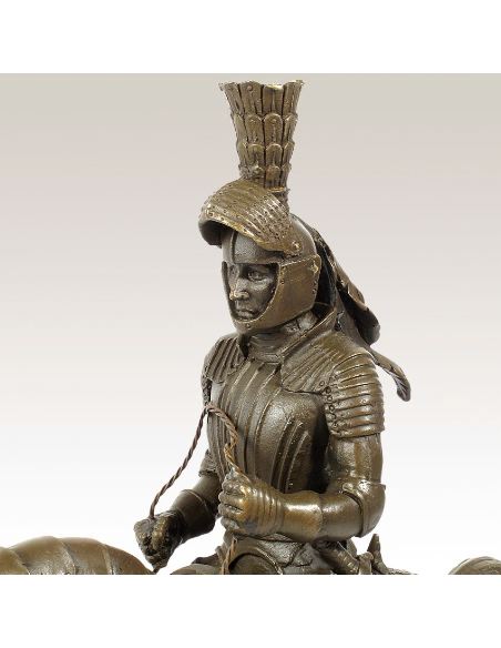 Sculpture en bronze: Chevalier médiéval à cheval avec armure -P. brune