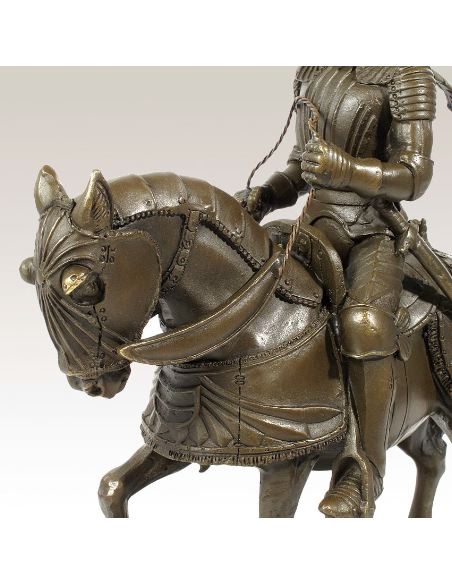 Sculpture en bronze: Chevalier médiéval à cheval avec armure -P. brune