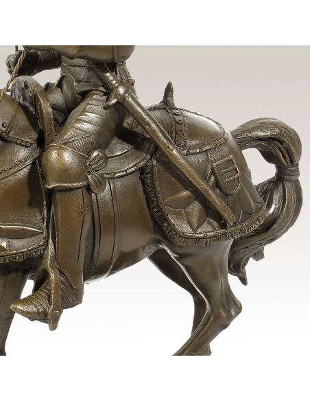 Sculpture en bronze: Chevalier médiéval à cheval avec armure -P. brune