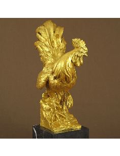 Escultura de bronce. Gallo pintado -Dorado