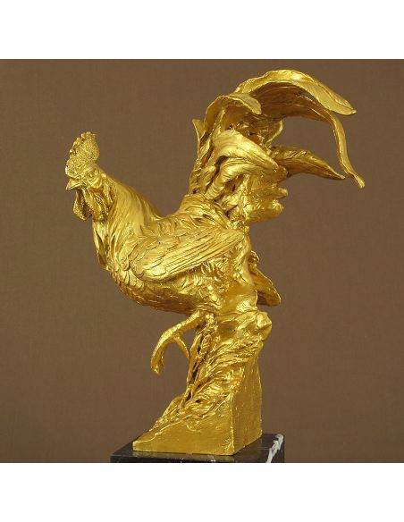 Escultura de bronce. Gallo pintado -Dorado