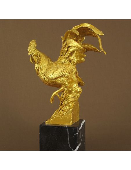 Escultura de bronce. Gallo pintado -Dorado