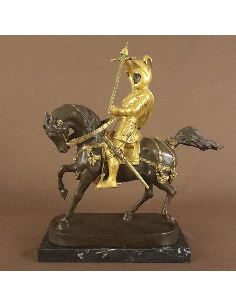 Sculpture en bronze: Chevalier médiéval à cheval -Patine dorée